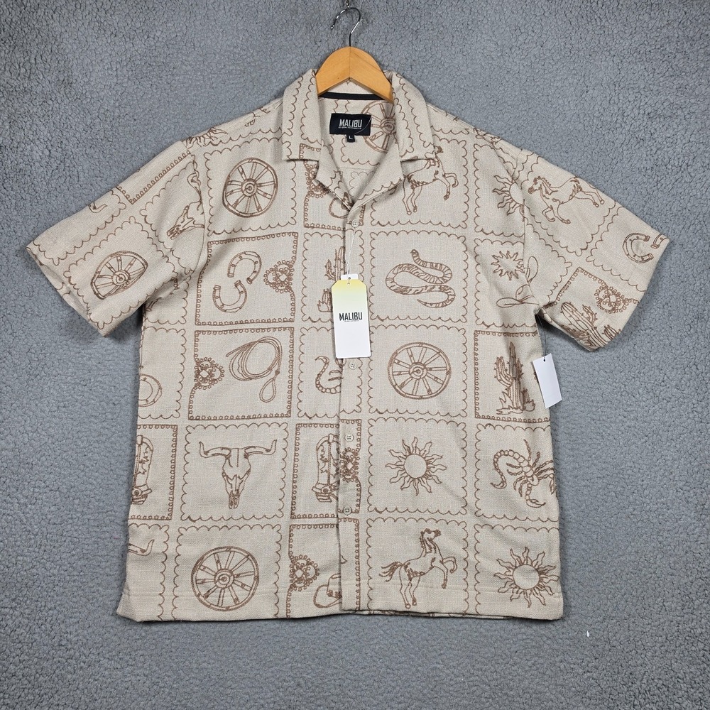 Malibu SHirt Mens Size Large Beige Western Stitch Open Collar Textured Knit Boxy